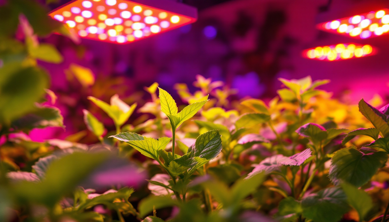 A photograph of a vibrant indoor garden illuminated by various led grow lights