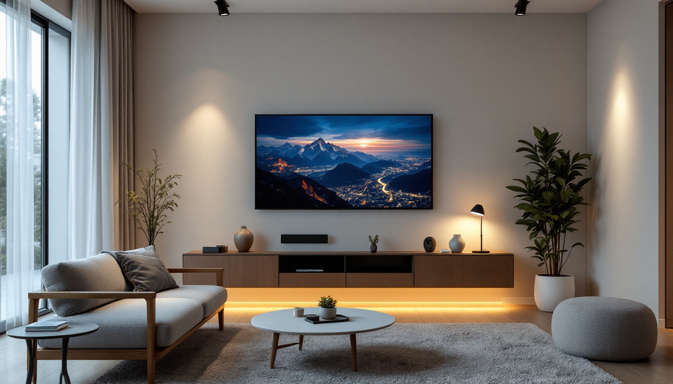A photograph of a modern living space featuring smart lighting controls in action