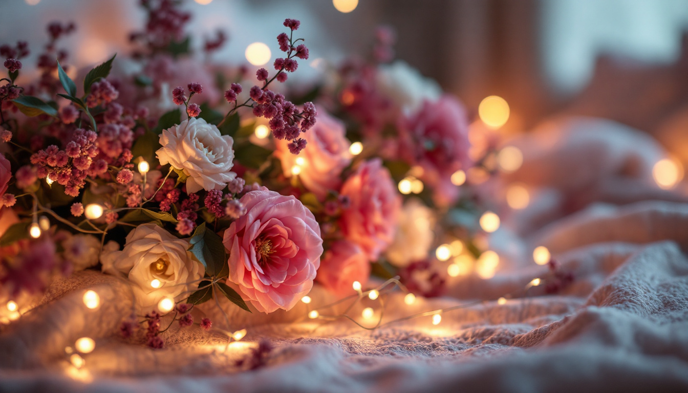 A photograph of a beautifully arranged flower lighting setup in a cozy indoor space