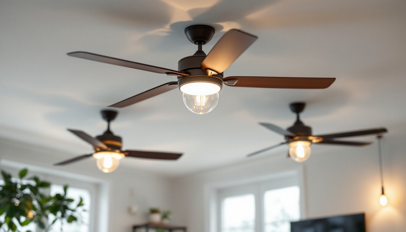 A photograph of a beautifully designed room featuring stylish light fixtures and ceiling fans