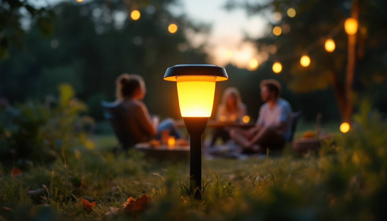 A photograph of a vibrant outdoor scene showcasing an amazon solar lamp illuminating a cozy gathering or activity at dusk