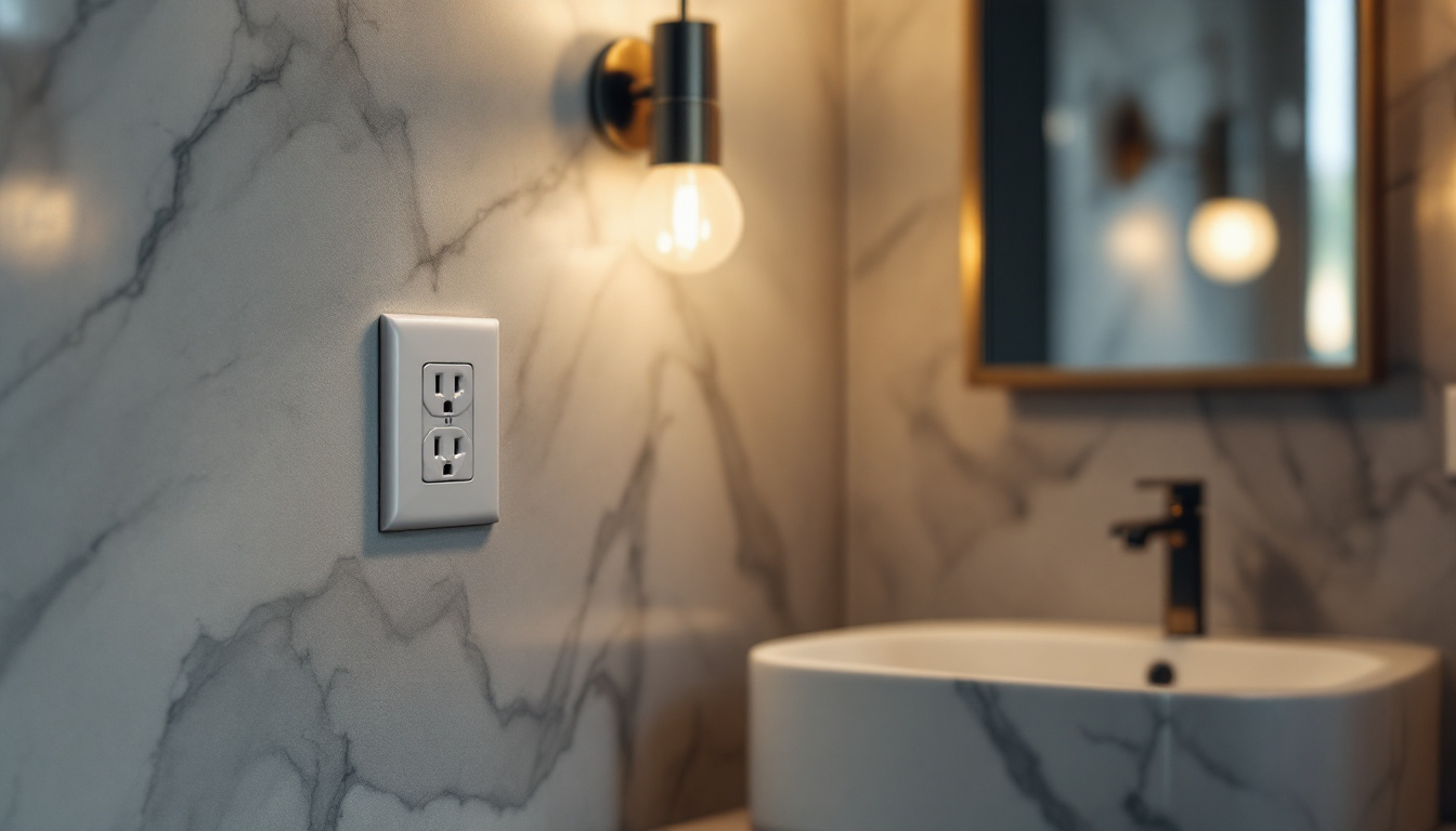 A photograph of a beautifully designed bathroom featuring a well-placed electrical outlet