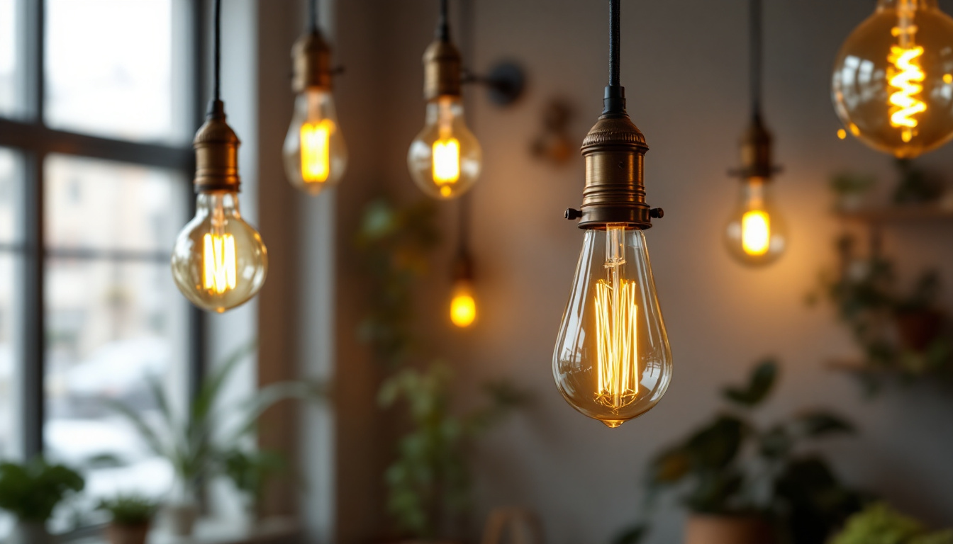 A photograph of a stylishly designed room featuring prong light bulbs in various fixtures