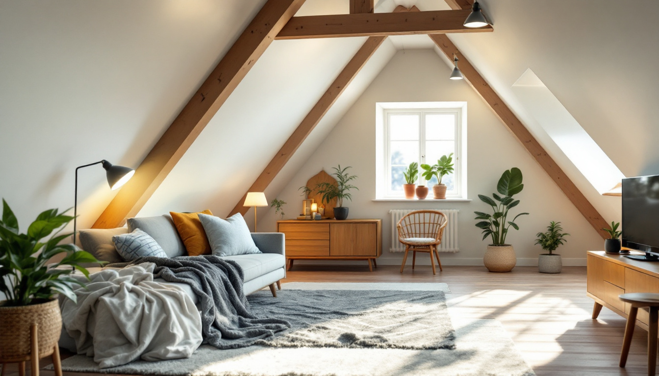 A photograph of a well-lit attic showcasing energy-efficient lighting fixtures