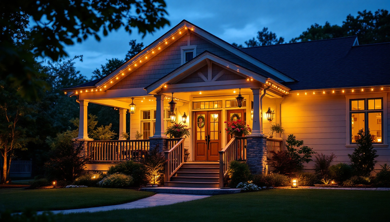 A photograph of a beautifully illuminated porch at dusk