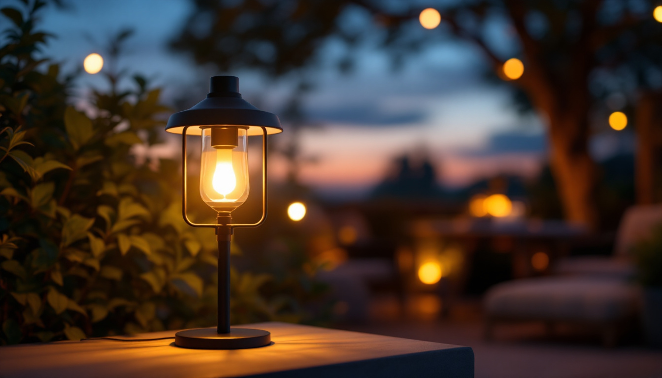 A photograph of a beautifully designed outdoor lamp illuminating a cozy outdoor space
