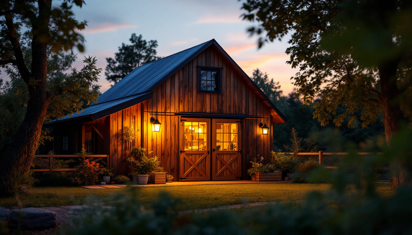 A photograph of a beautifully lit outdoor scene featuring a solar barn lamp illuminating a rustic barn or garden space at twilight