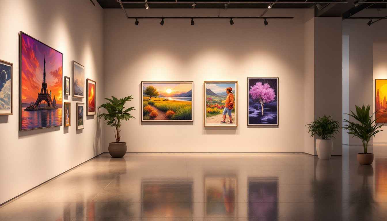 A photograph of a well-lit art gallery showcasing various artworks under energy-efficient lighting
