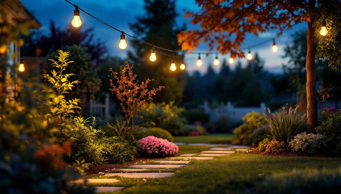 A photograph of a beautifully lit garden at dusk