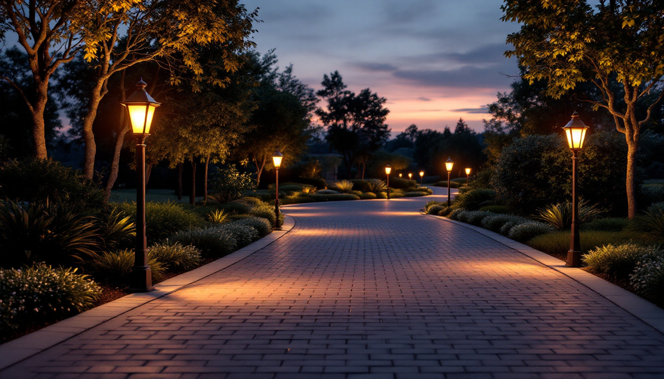 A photograph of a beautifully illuminated driveway featuring elegant light posts that enhance the pathway