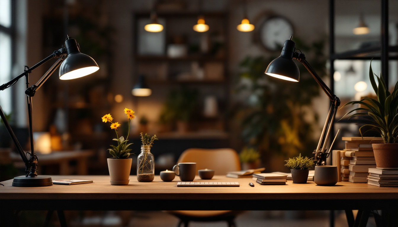 A photograph of a beautifully lit workspace featuring stylish shop lights from amazon