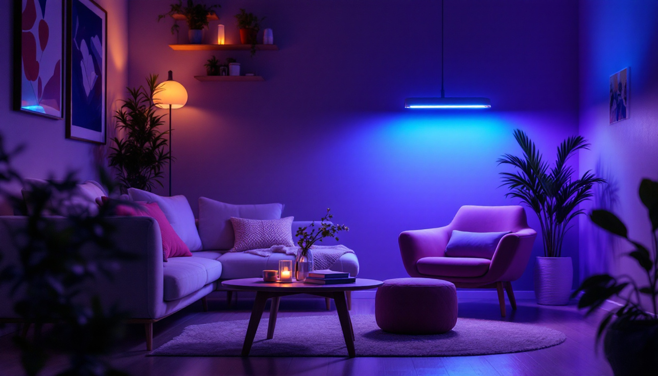 A photograph of a stylishly arranged indoor space featuring an ultraviolet disinfection lamp in use