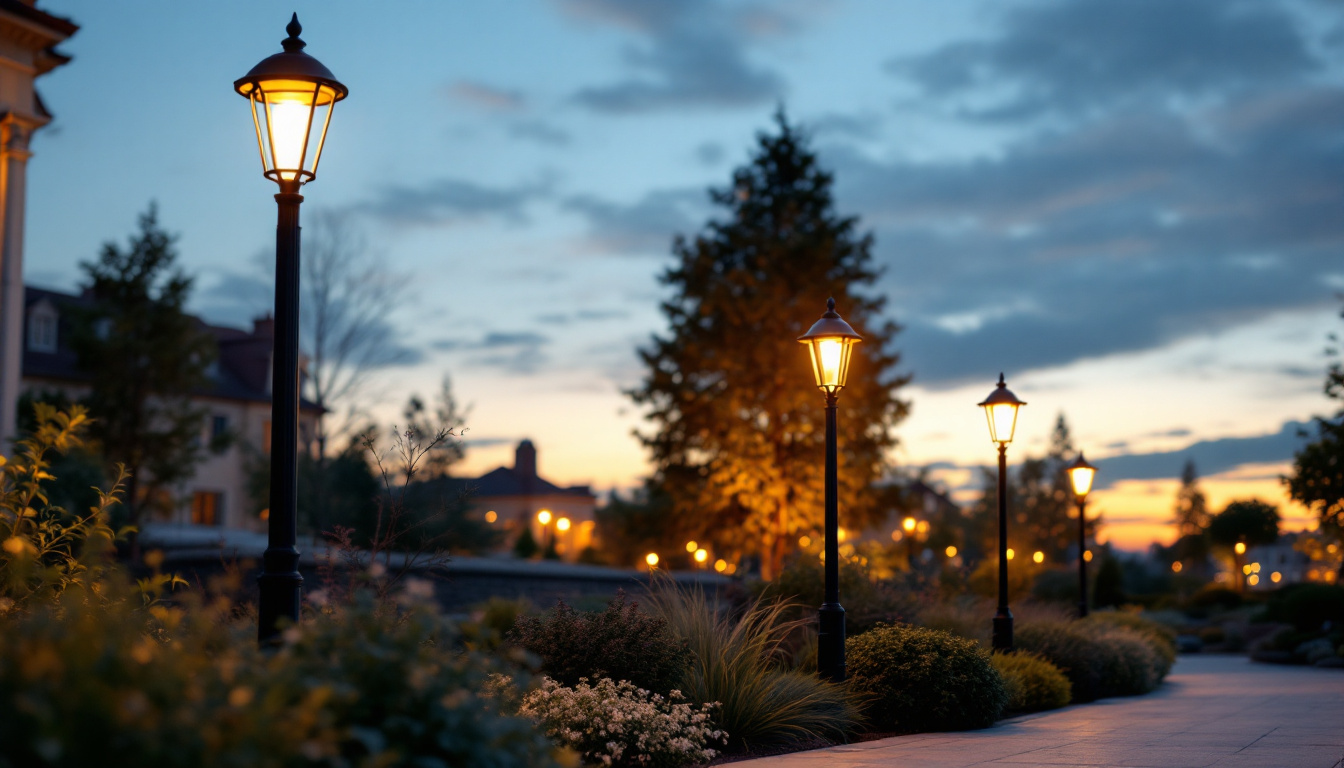 A photograph of a beautifully illuminated outdoor space featuring stylish post lamps that highlight the surrounding landscape and architecture