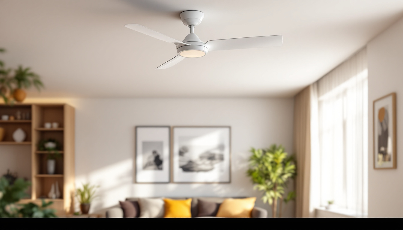 A photograph of a stylish acrylic ceiling fan installed in a modern living space