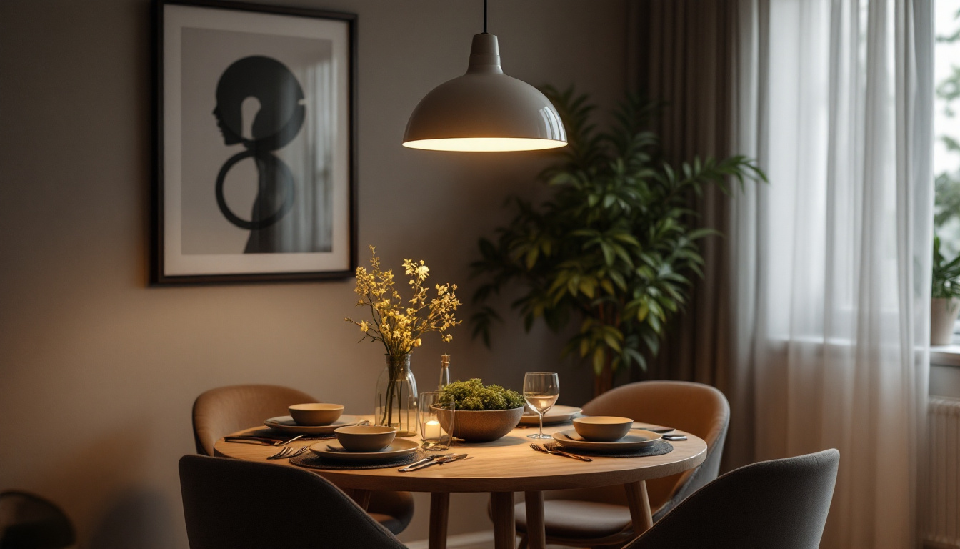 A photograph of a beautifully designed dining room featuring a stylish pendant light that highlights the space's aesthetics while showcasing its functionality and ambiance during a cozy dining setup
