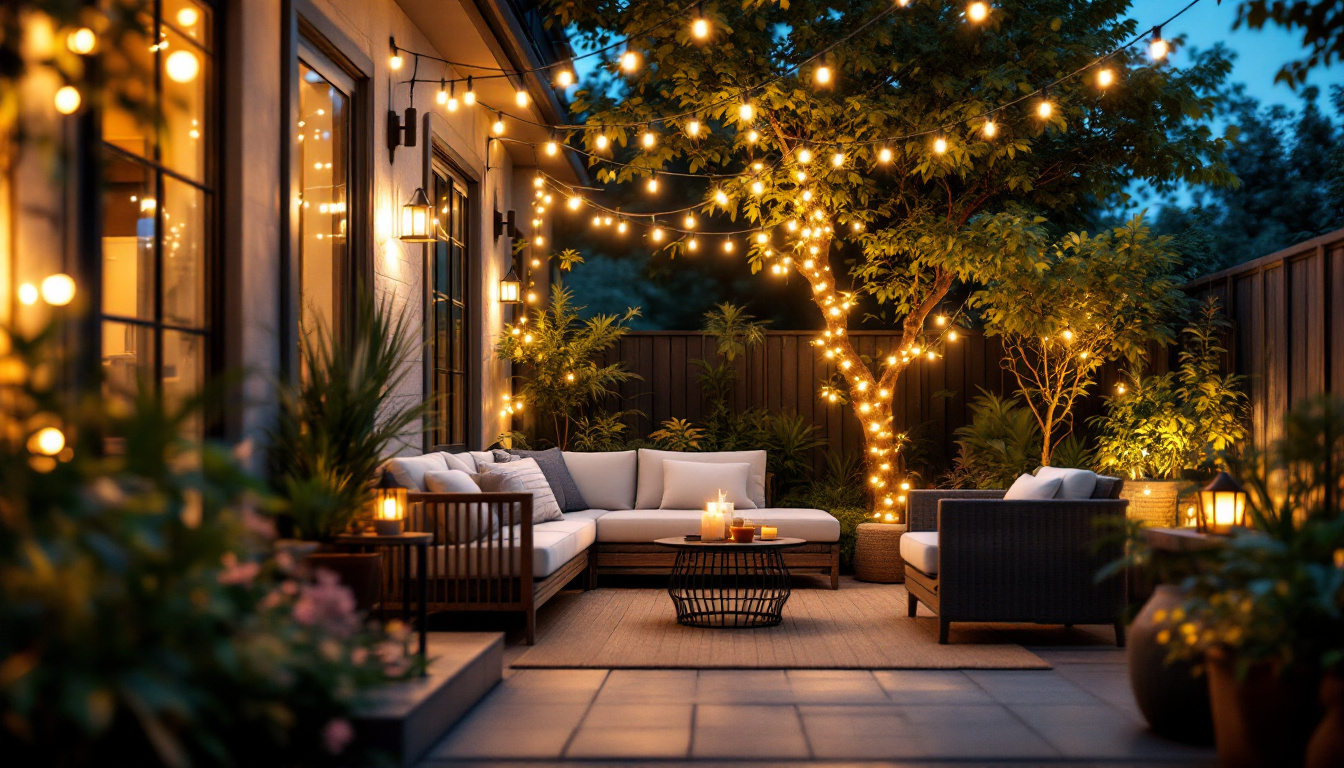 A photograph of a beautifully lit outdoor patio scene adorned with string lights