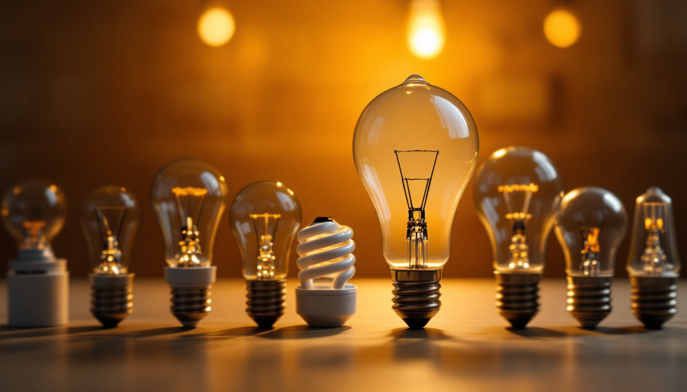 A photograph of a variety of bulb sockets displayed alongside their corresponding light bulbs