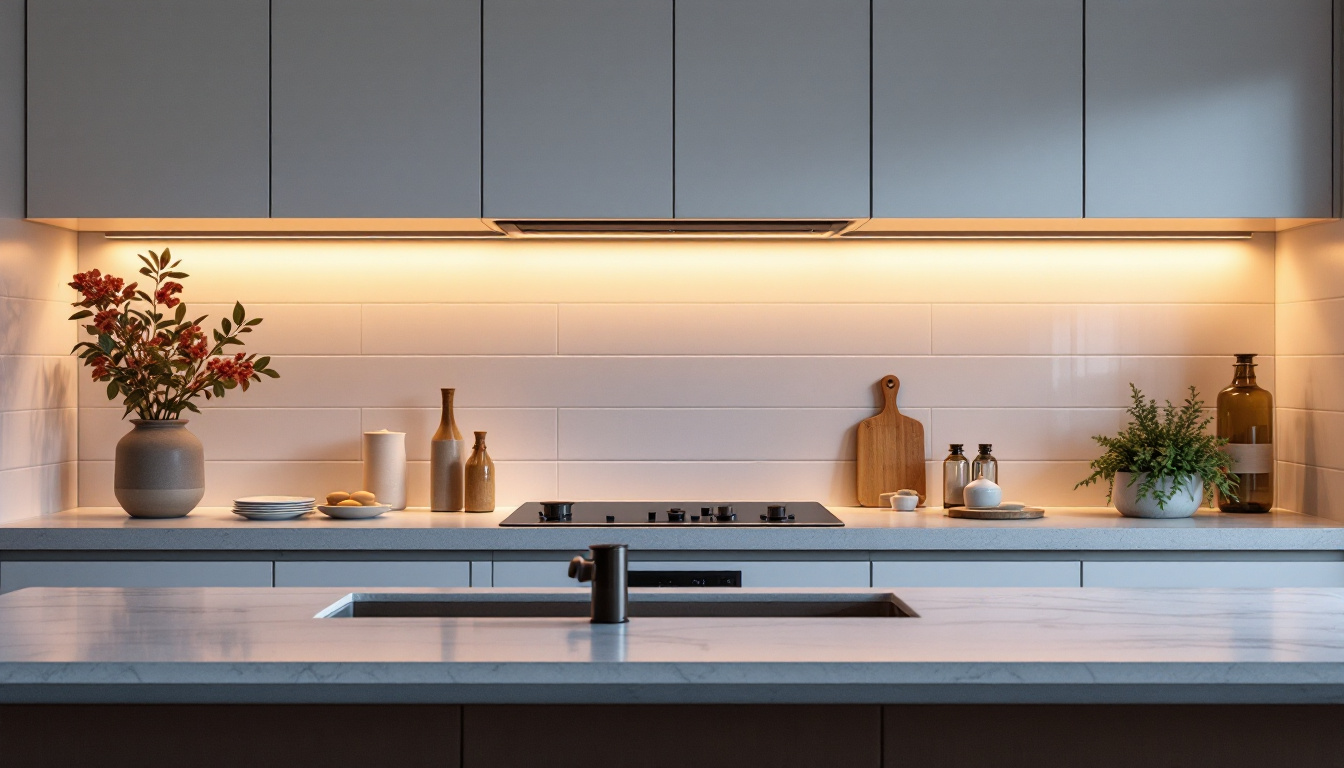A photograph of a beautifully designed kitchen featuring stylish under cabinet lights that illuminate the countertop