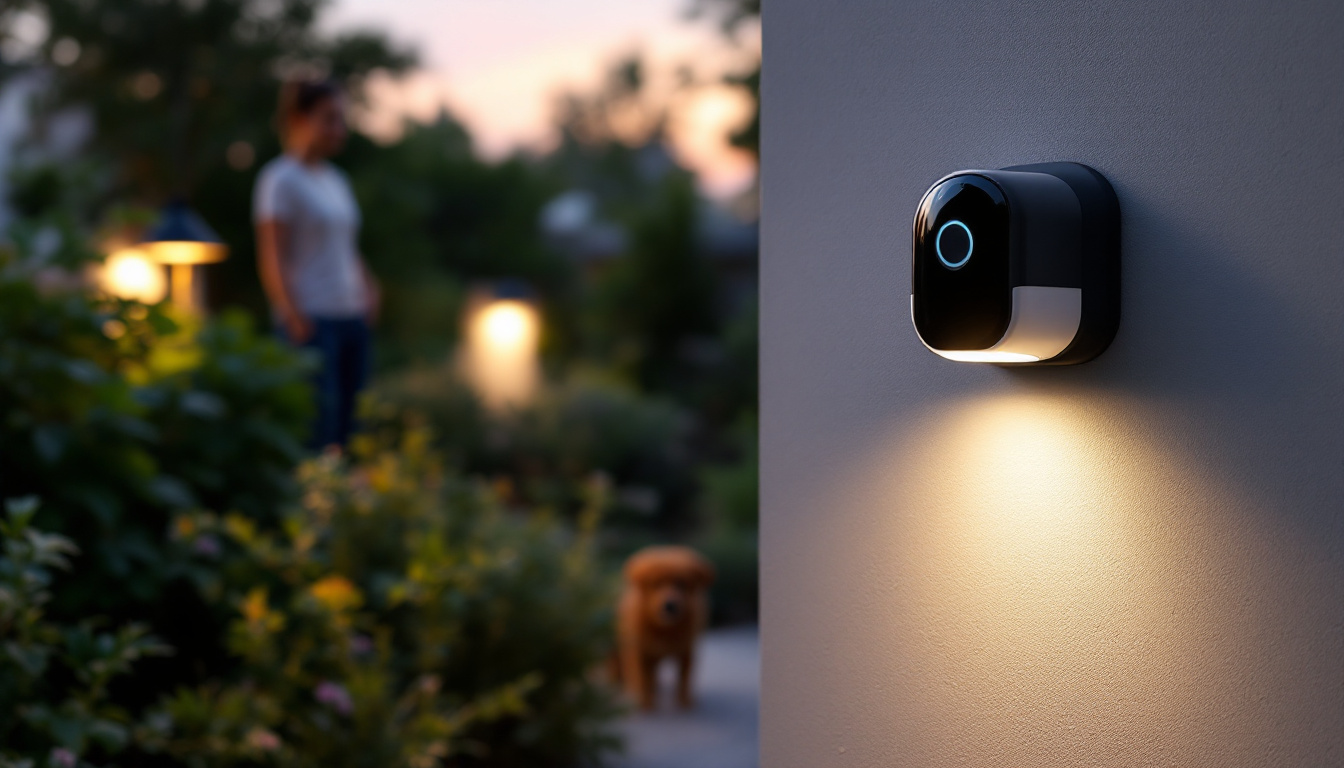 A photograph of a well-lit outdoor setting featuring a sleek motion detector sensor installed on a wall or post