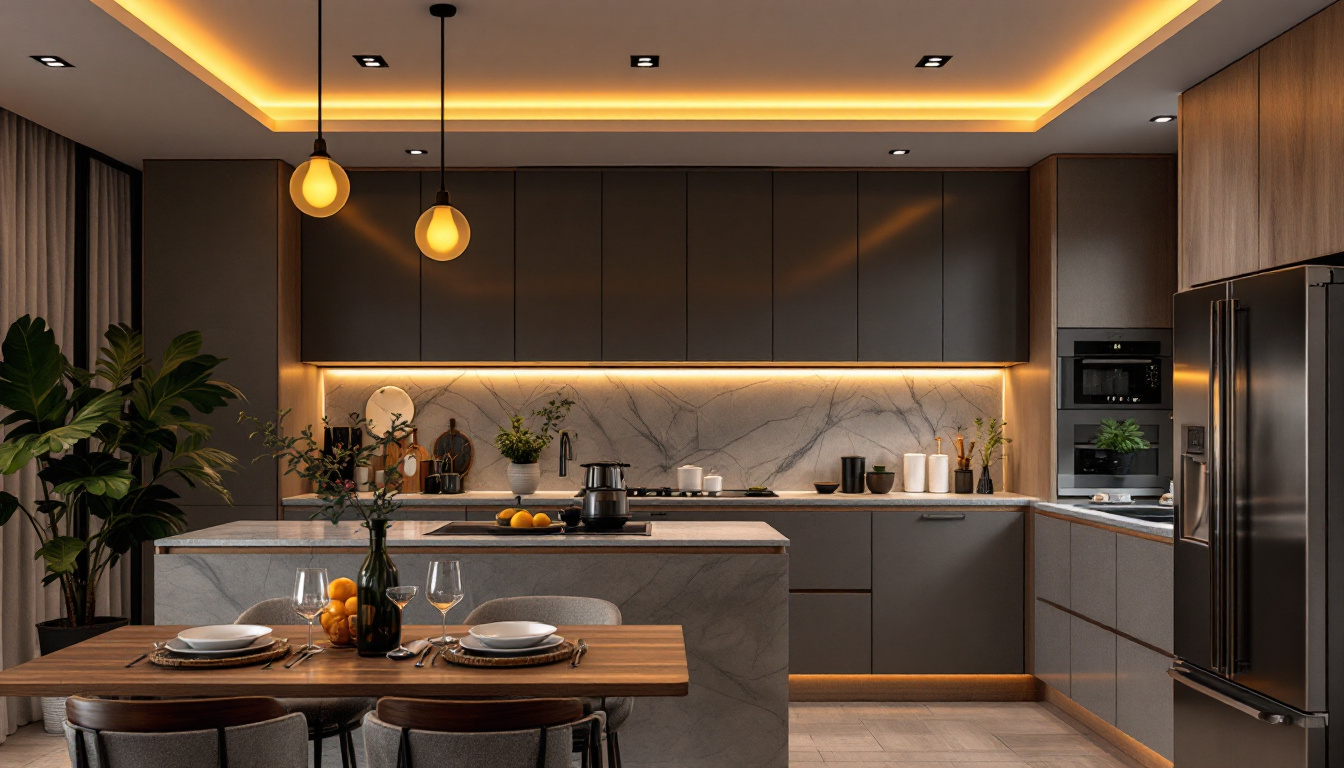 A photograph of a beautifully designed kitchen showcasing elegant led ceiling lights that highlight the space's functionality and aesthetic