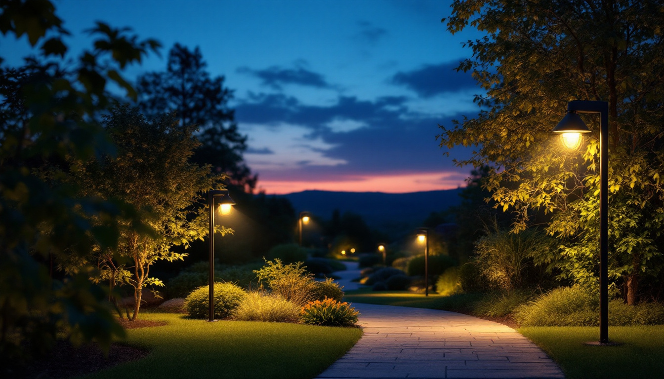 A photograph of a beautifully illuminated outdoor landscape at dusk