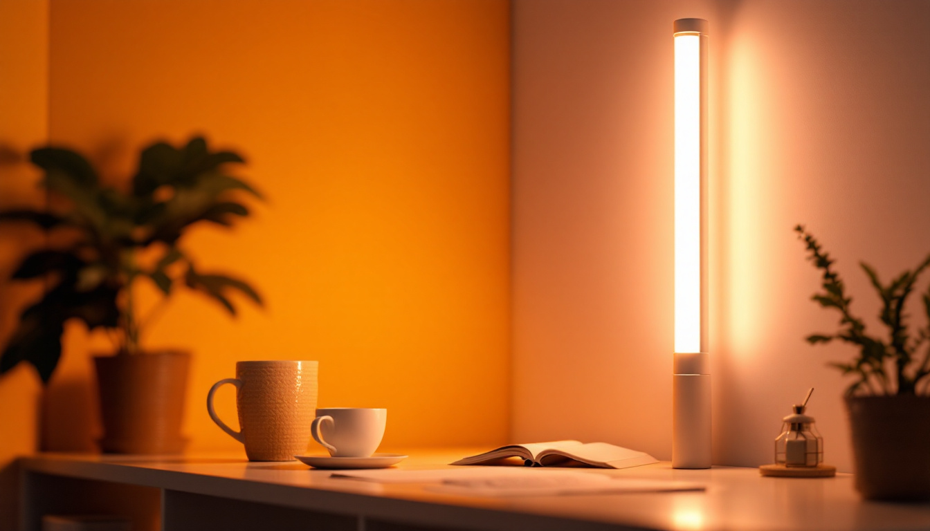 A photograph of a brightly lit room featuring a fluorescent lamp with a diffuser