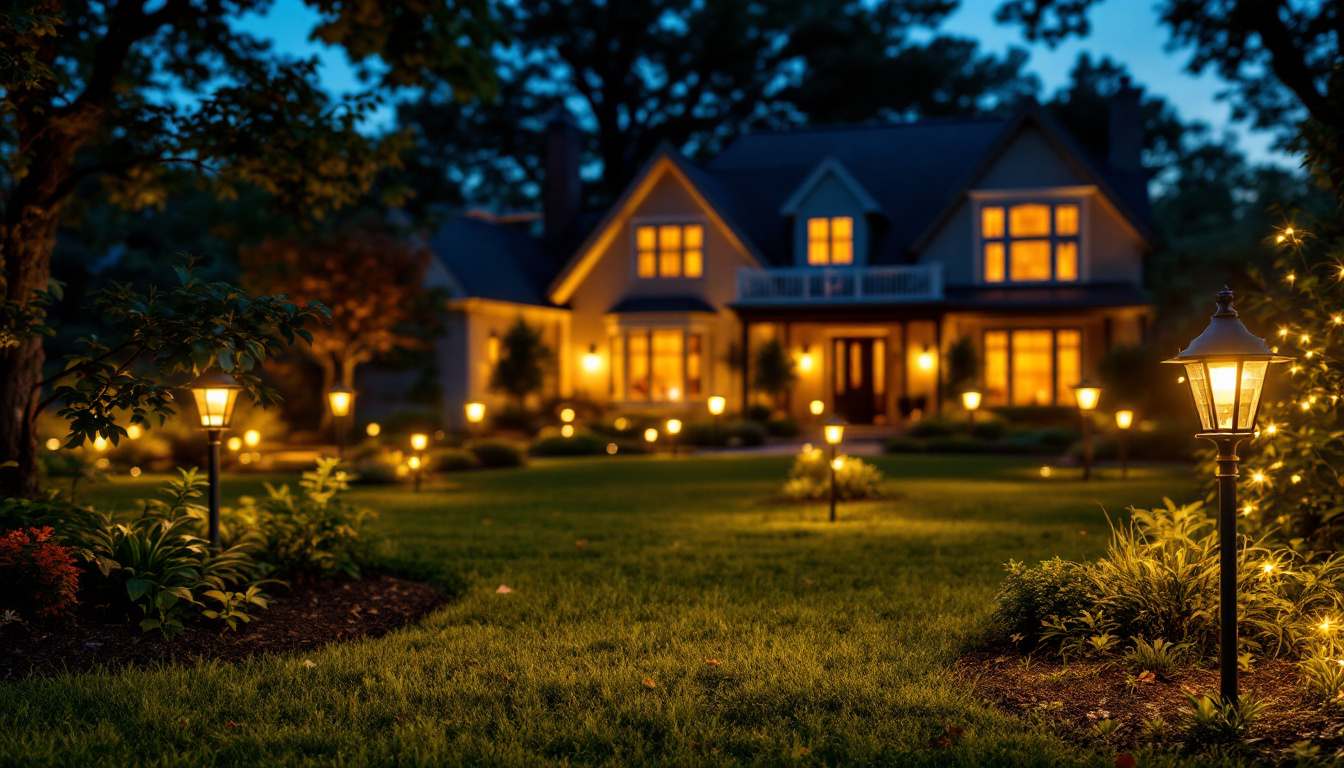 A photograph of a beautifully illuminated yard featuring various styles of yard lights in use during twilight