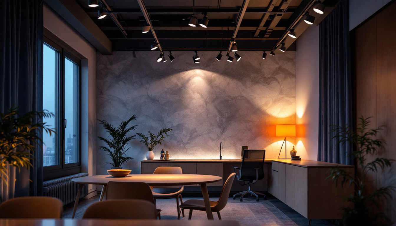 A photograph of a stylishly designed room featuring track ceiling lights in action