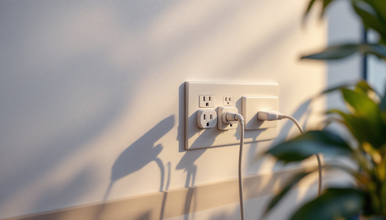 A photograph of a close-up of a modern us electrical outlet in a stylish home setting