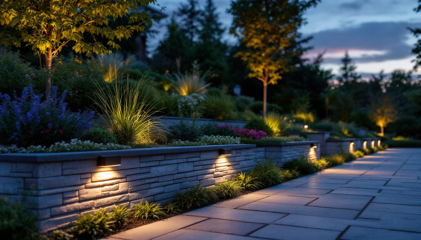 A photograph of a beautifully landscaped outdoor space at dusk