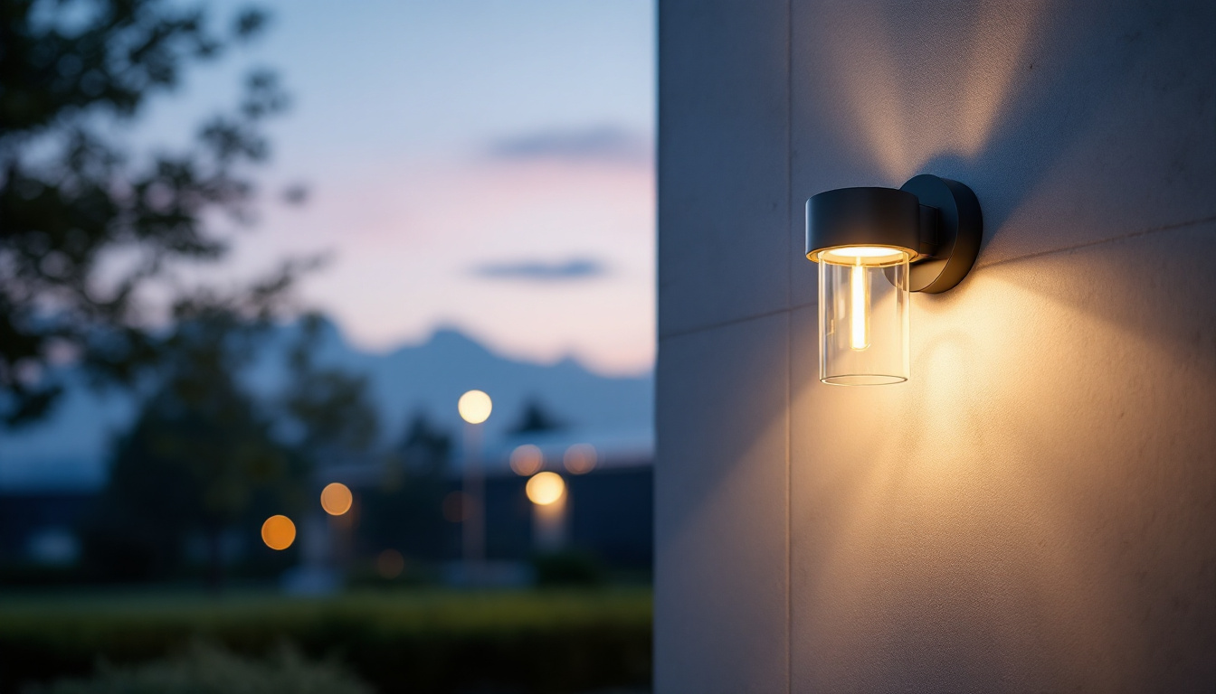 A photograph of a modern exterior wall lantern illuminating an industrial or commercial building at dusk