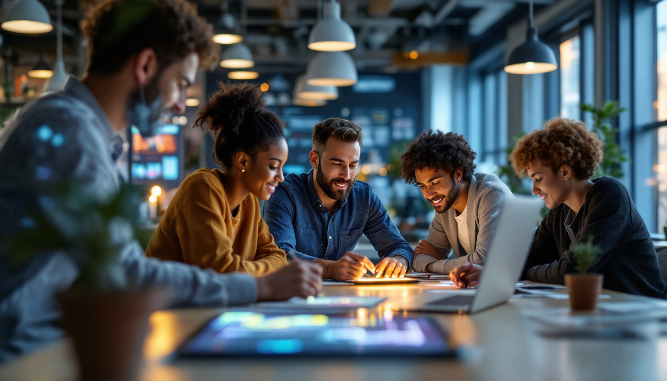 A photograph of a dynamic workspace featuring diverse professionals collaborating with advanced ai tools and technologies