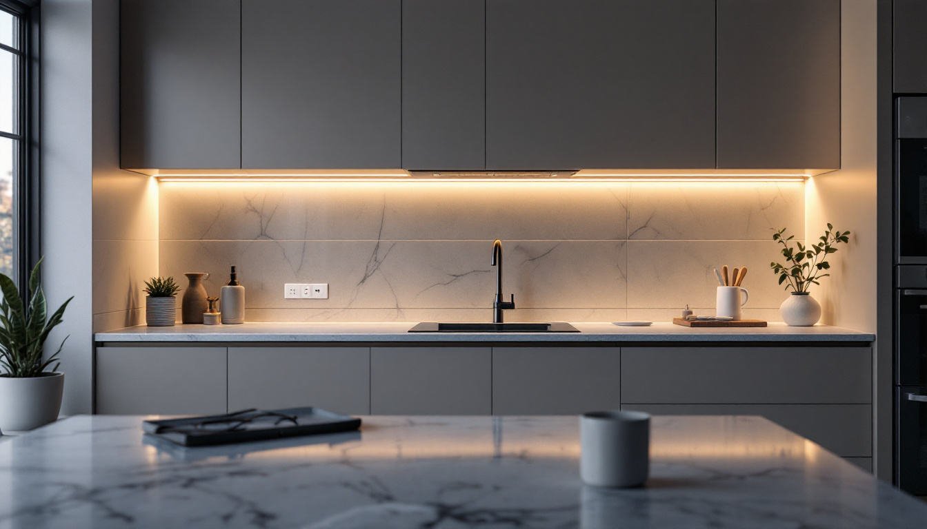 A photograph of a beautifully designed kitchen featuring elegant under cabinet lighting that highlights the countertops and enhances the overall aesthetic