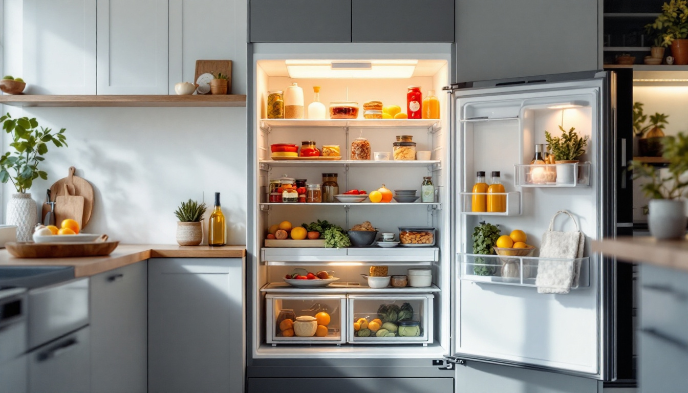 A photograph of a modern kitchen with an open freezer door