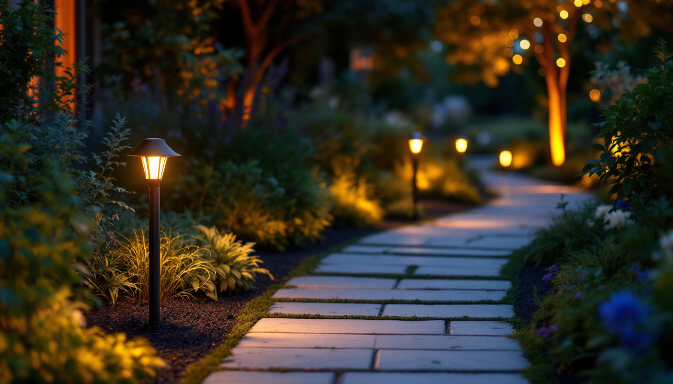 A photograph of a beautifully landscaped outdoor space illuminated by best pathway solar lights at dusk