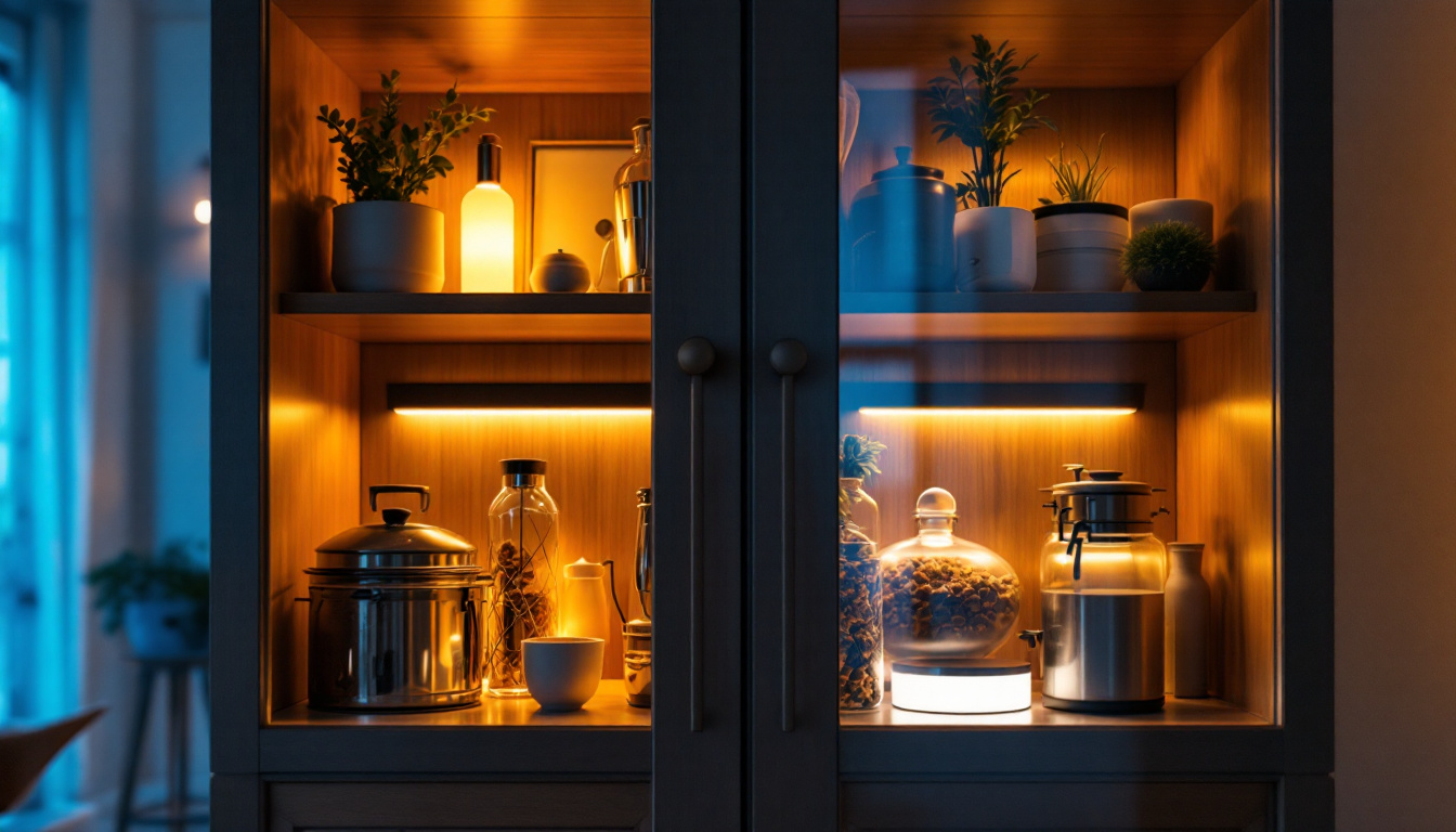 A photograph of a beautifully illuminated cabinet showcasing various styles of strip lighting