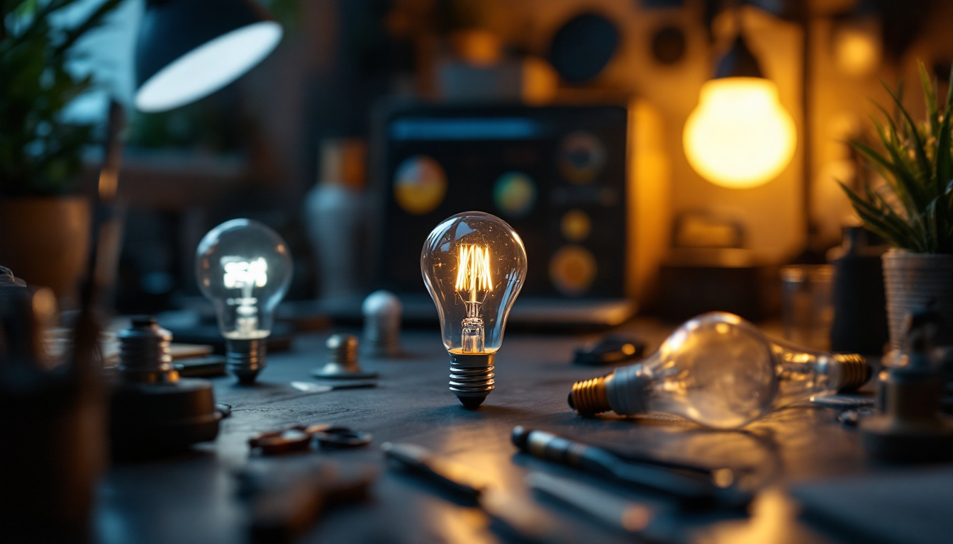 A photograph of a well-lit workspace featuring various types of light bulbs