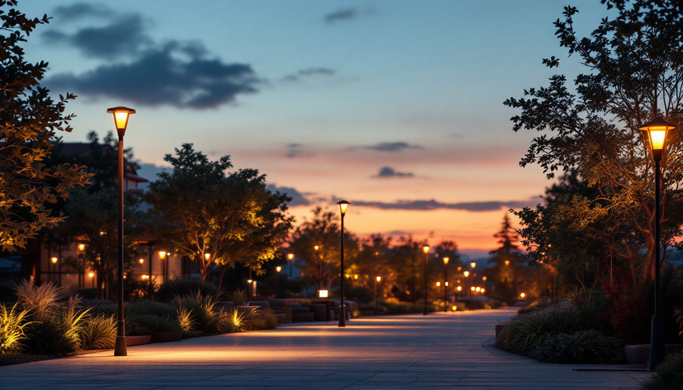 A photograph of a well-lit outdoor space showcasing various styles of pole lighting in use