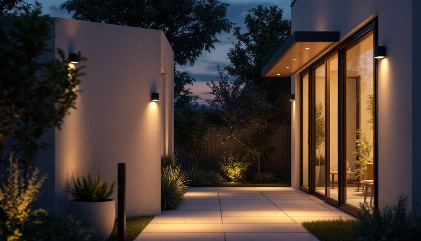 A photograph of a modern outdoor space illuminated by motion sensing lights at dusk
