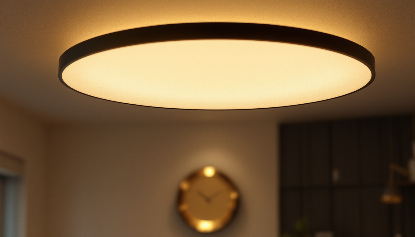 A photograph of a beautifully designed flat ceiling lamp illuminating a stylishly decorated room