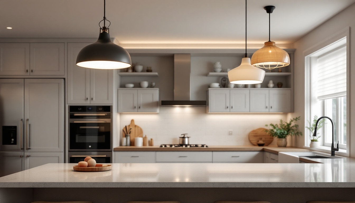 A photograph of a beautifully designed kitchen featuring various ceiling light fixtures that highlight the space's functionality and aesthetic appeal
