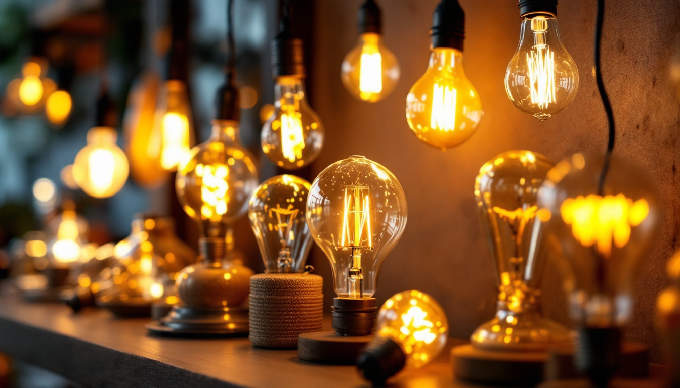A photograph of a beautifully arranged display of unique light bulbs in various styles and designs