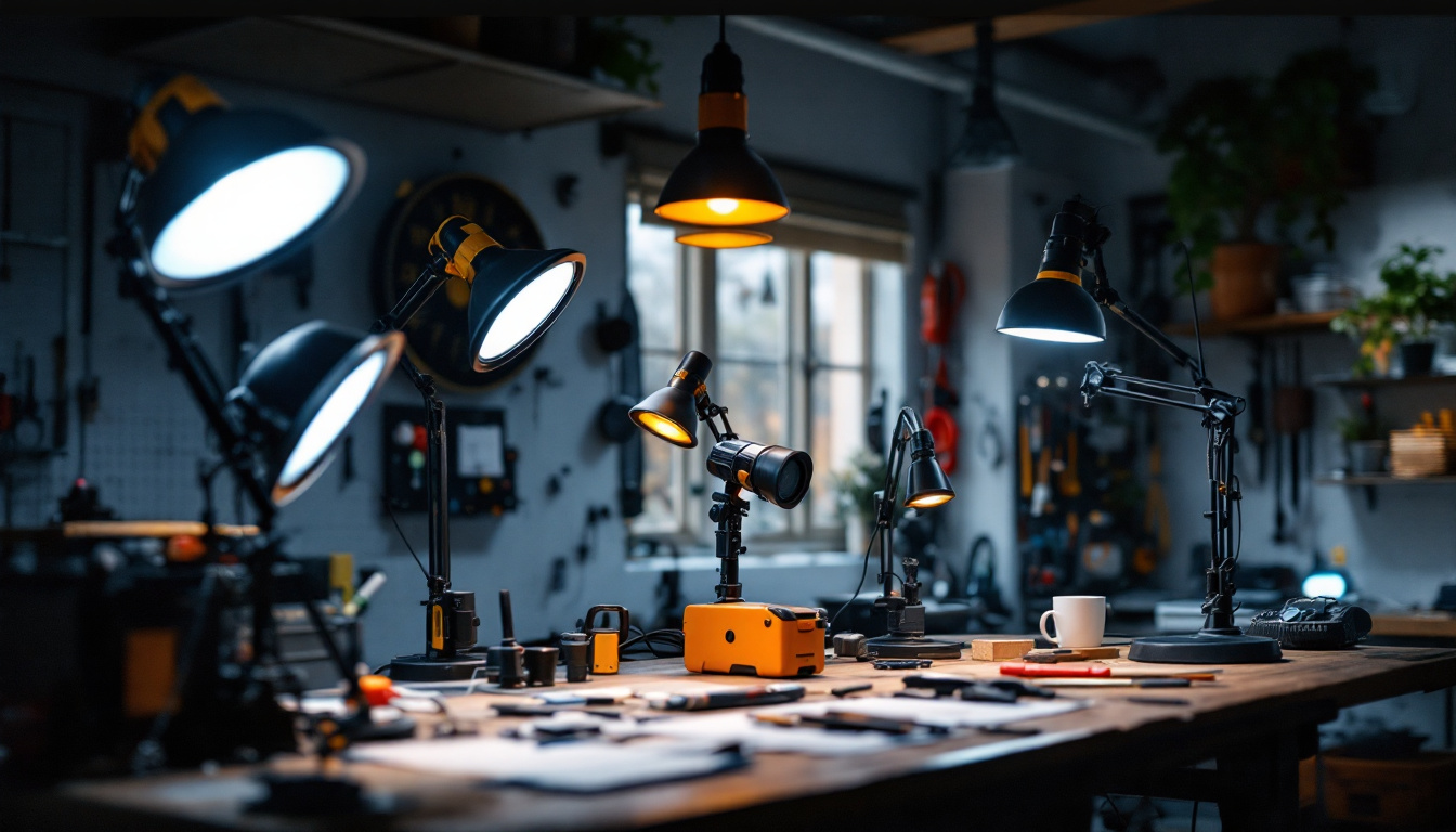 A photograph of a well-lit workspace featuring a variety of workshop lights in use