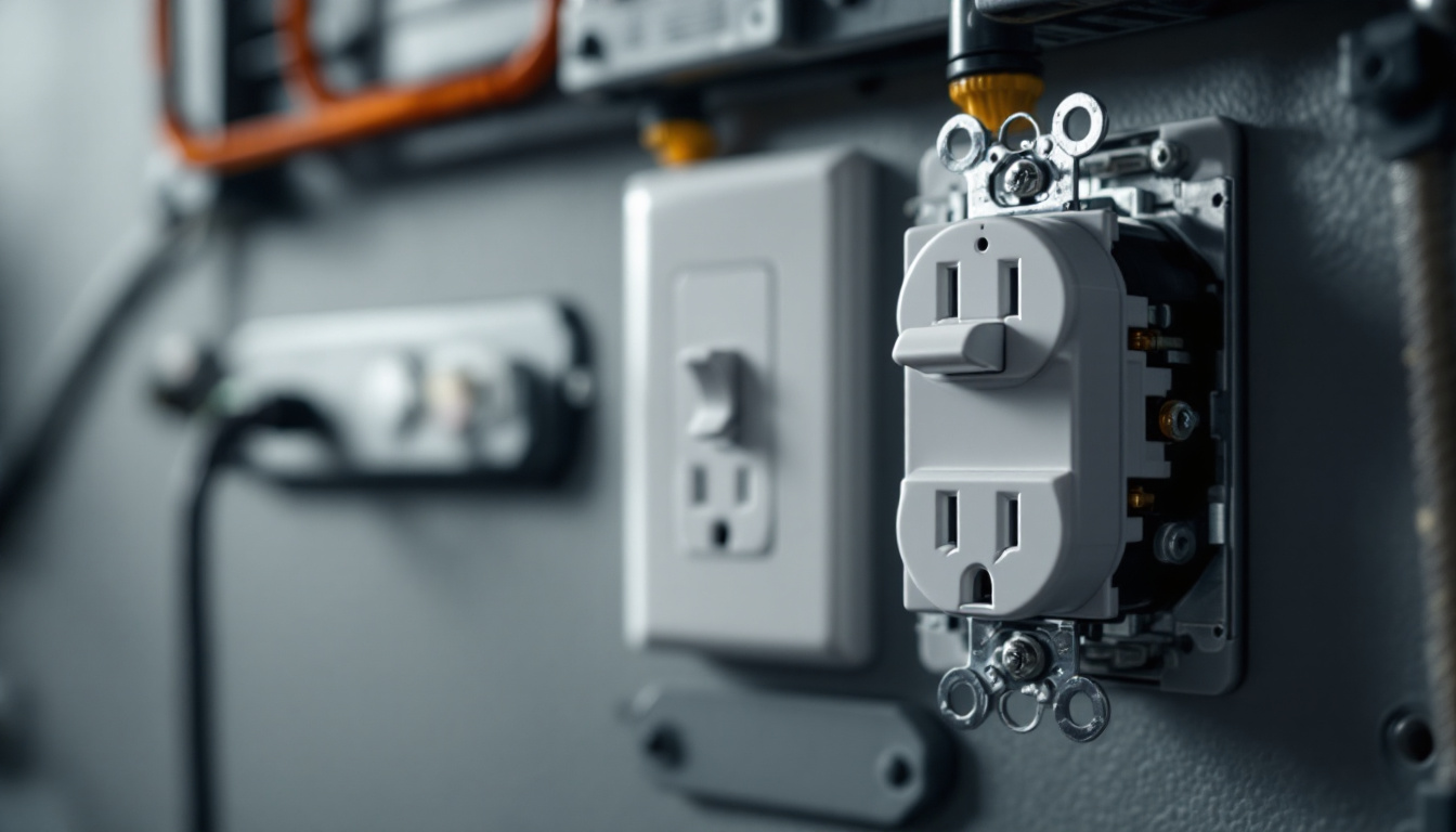 A photograph of a close-up shot of a 15 amp commercial grade combination 3-way toggle switch and receptacle installed in a modern electrical setup