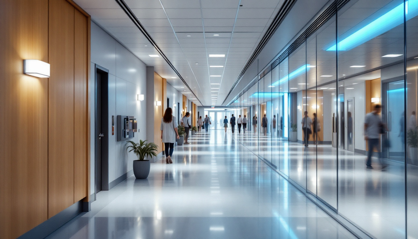 A photograph of a well-lit hospital hallway that showcases innovative lighting design elements