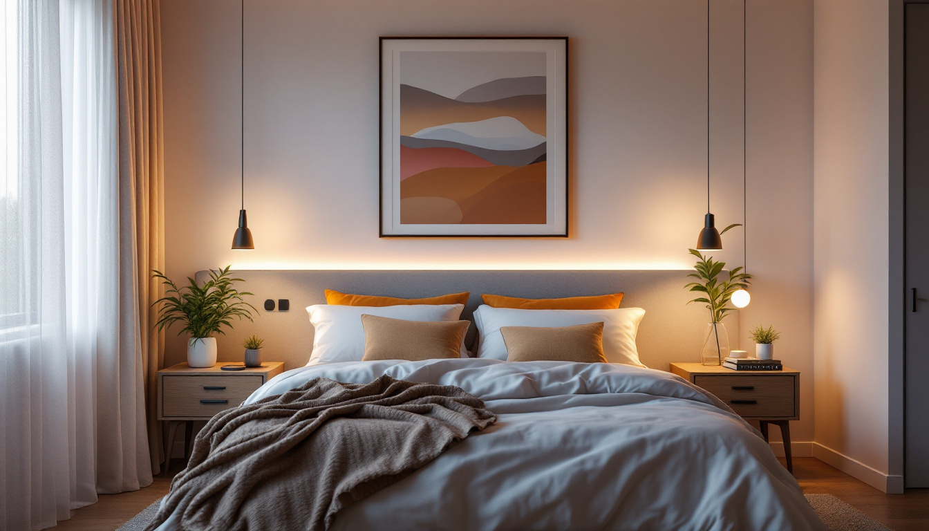 A photograph of a stylishly designed bedroom featuring innovative bed lighting solutions