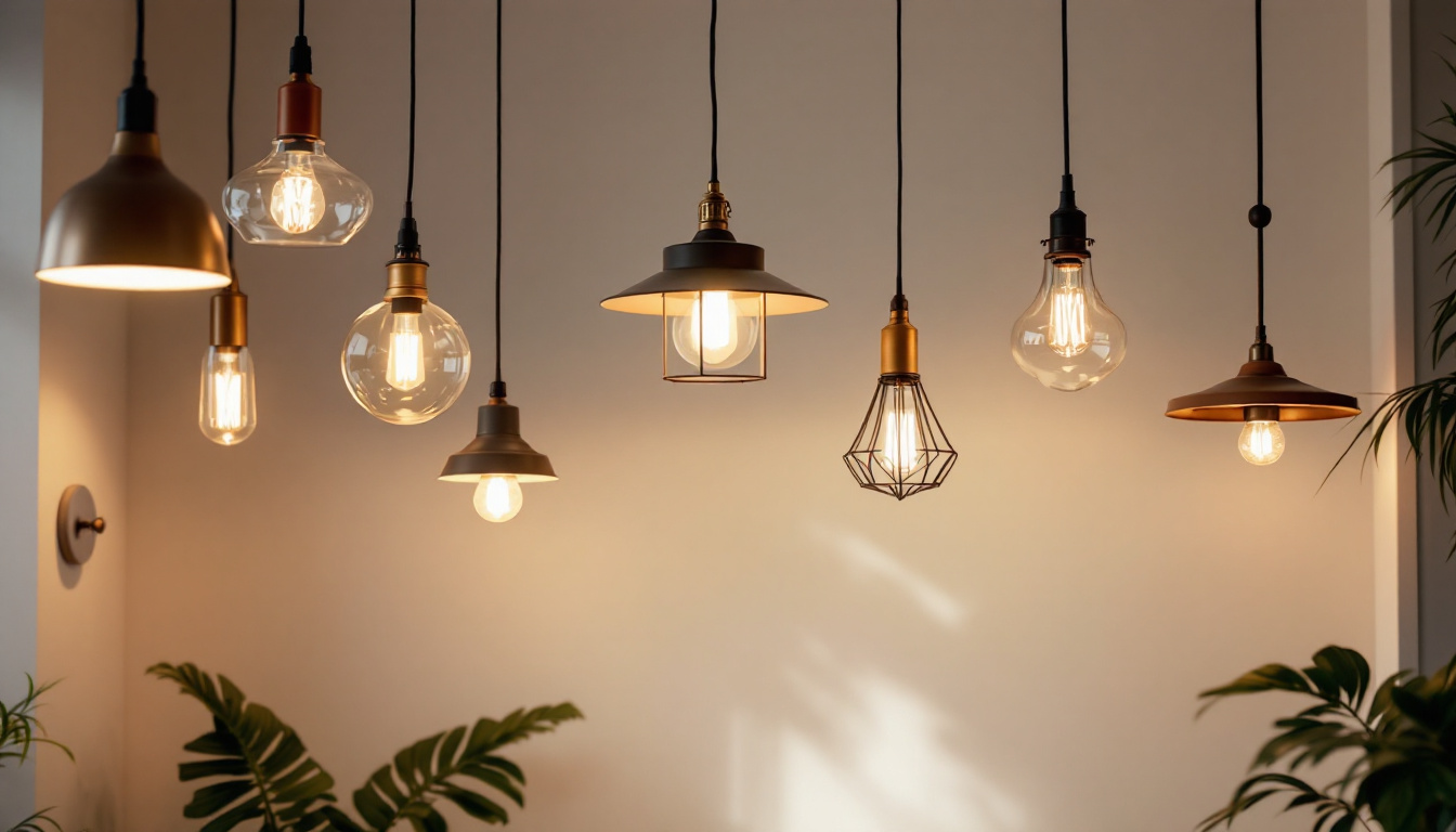 A photograph of a beautifully styled interior space featuring a variety of pendant hanging lights at different heights and designs
