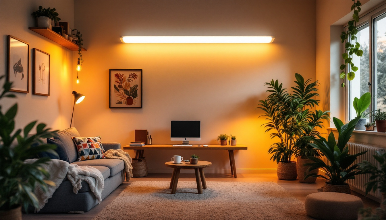 A photograph of a well-lit indoor space showcasing the warm glow of 4-foot replacement fluorescent bulbs