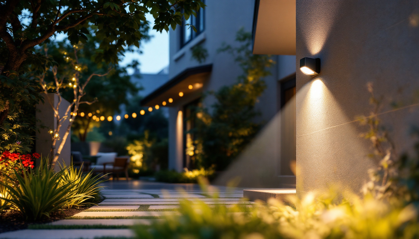 A photograph of a beautifully illuminated outdoor space featuring a downward firing motion sensor light in action