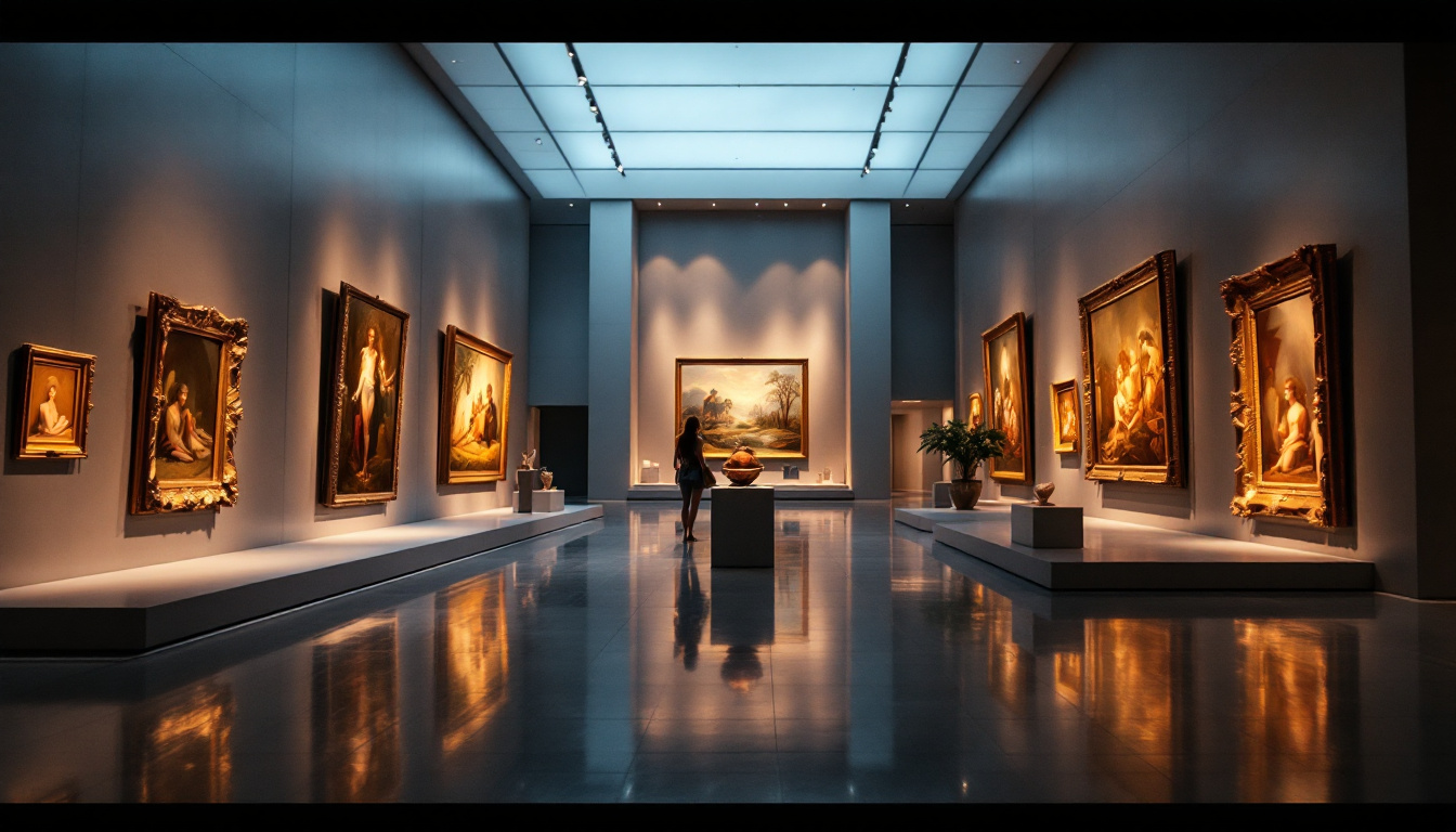 A photograph of a beautifully lit museum interior showcasing various artworks